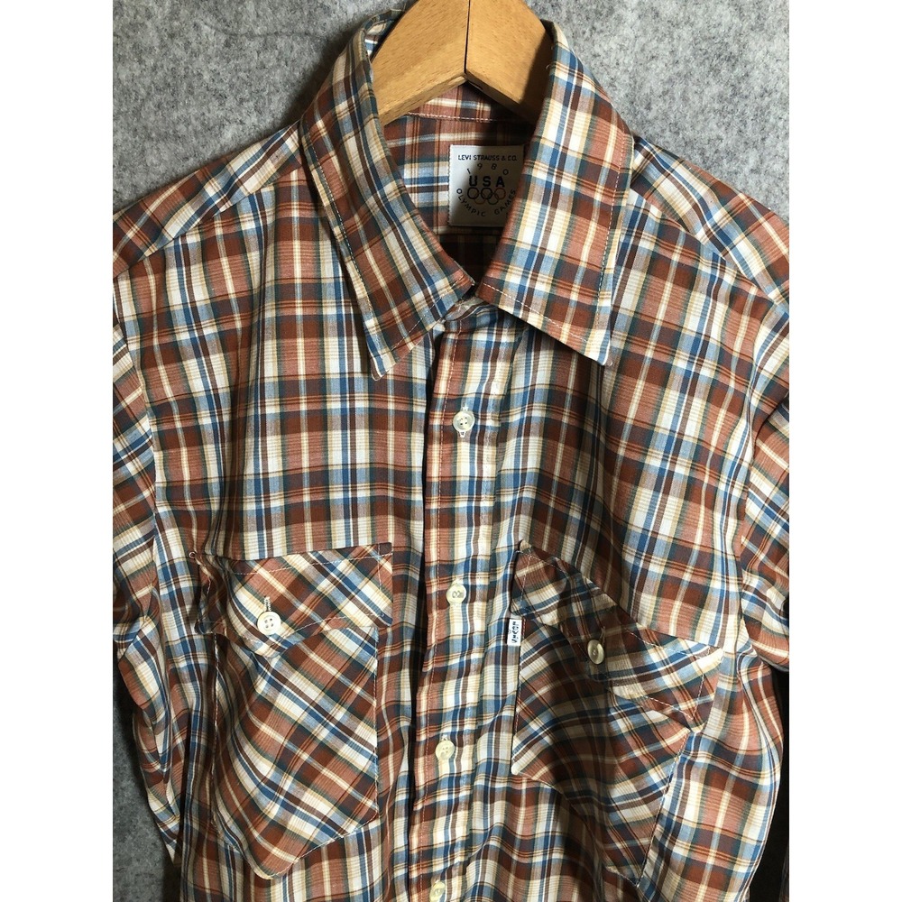 Vintage Levis Shirt Mens Medium Brown Plaid Western 1980 Olympics USA Made